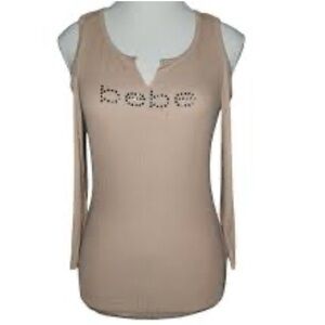 Bebe Size Small Beige Rubbed Cold Shoulder Y2K Look Gemstones with Bebe Logo